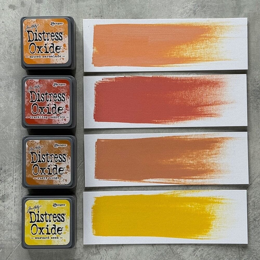 Ranger Tim Holtz Distress Mini Oxide Ink Pads Set #2 – Spiced Marmalade, Crackling Campfire, Rusty Hinge, Mustard Seed
