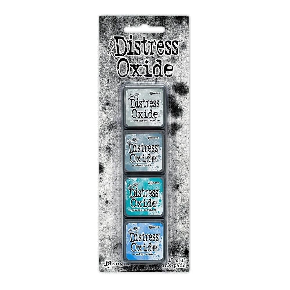 Ranger Tim Holtz Distress Mini Oxide Ink Pads Set #4 – Weathered Wood, Stormy Sky, Peacock Feathers, Salty Ocean