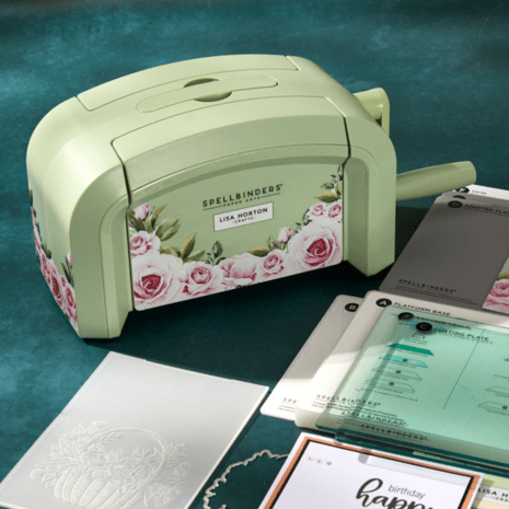 Farbe Lindgrün verziert mit Rosenblüten. Als Zubehör gibt es einen Prägefolder, stand alon Stanzen und natürlich die nötigen Platten.