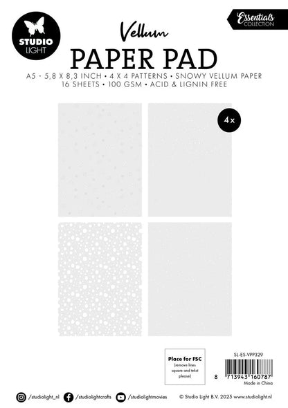 Rückseite: Studio Light Snowflakes Essentials Vellum Paper Pad A5 100 gsm mit Schneeflockenmotiven